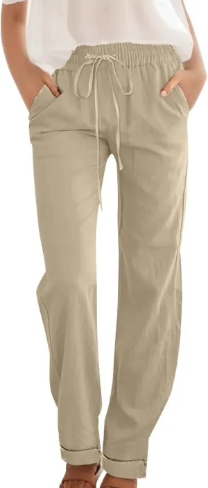 Womens Cotton Linen Summer Baggy Pant Trousers Elastic Waisted Stretchy Slim-Fit Pants Office