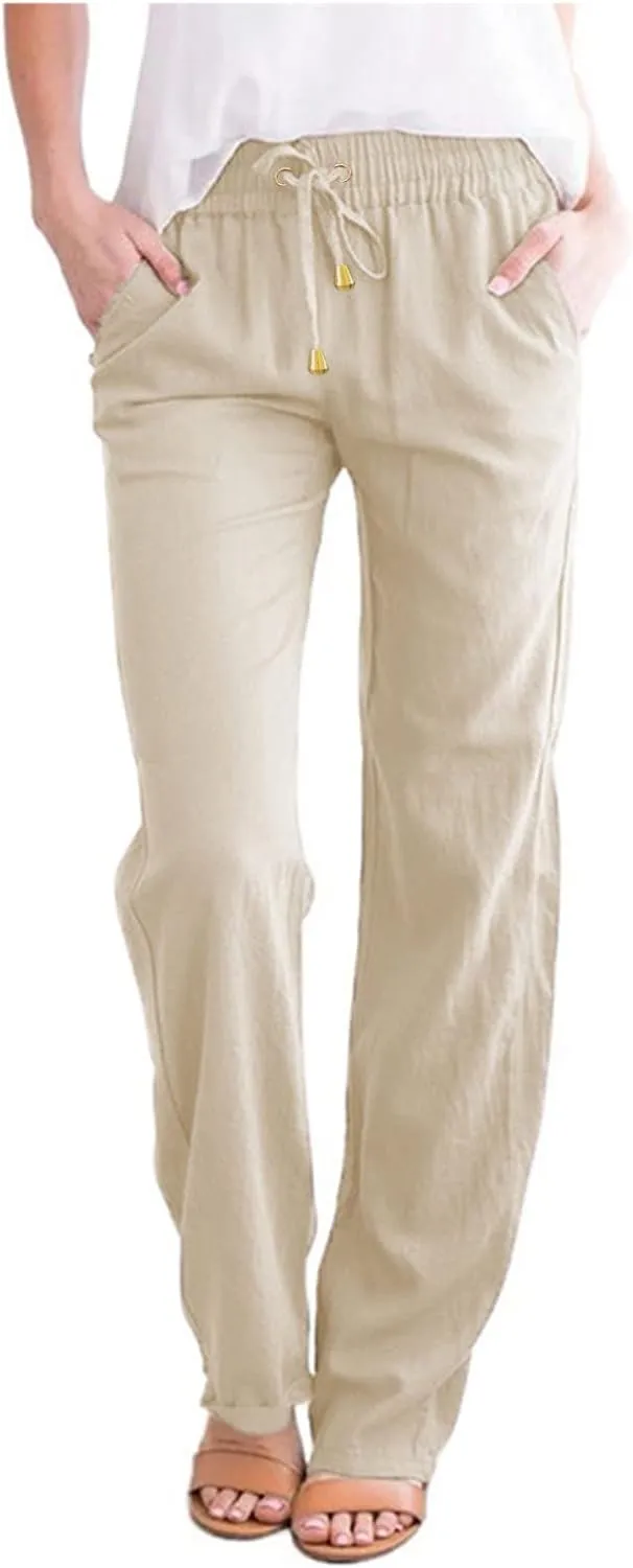 Womens Cotton Linen Summer Fashion Palazzo Pants Elastic Waisted Stretchy Slim Fit Trouser Work Business