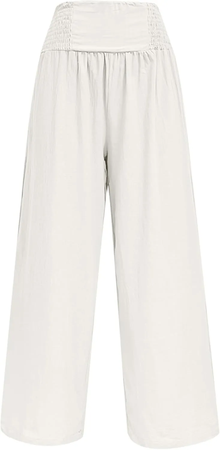 Womens Cotton Linen Summer Fashion Palazzo Pants Elastic Waisted Stretchy Slim Fit Trouser Work Business