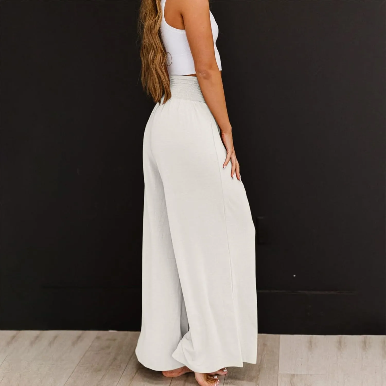 Womens Cotton Linen Summer Fashion Palazzo Pants Elastic Waisted Stretchy Slim Fit Trouser Work Business