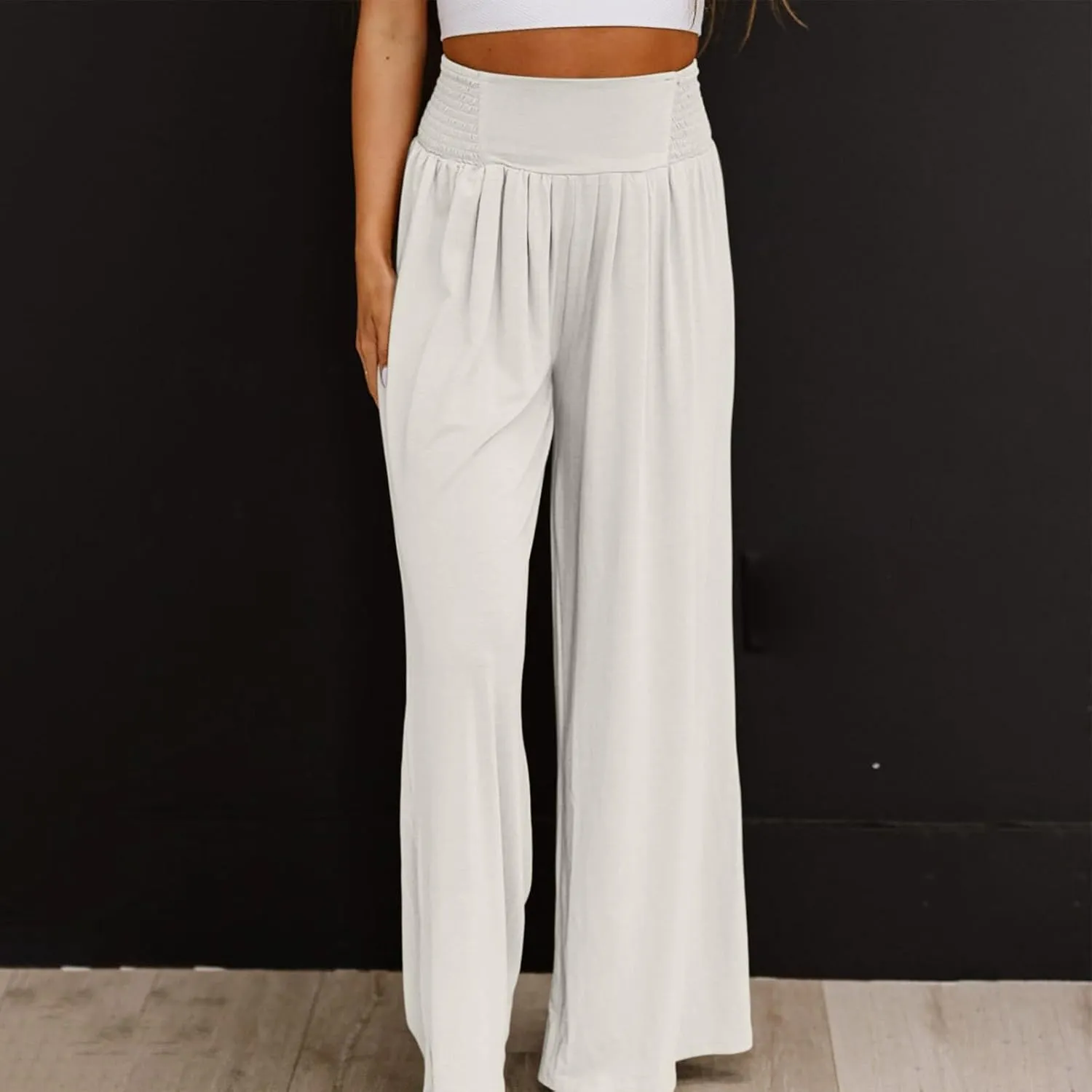 Womens Cotton Linen Summer Fashion Palazzo Pants Elastic Waisted Stretchy Slim Fit Trouser Work Business