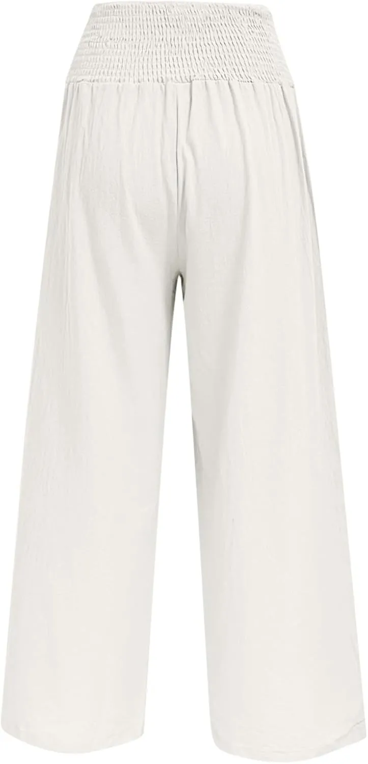 Womens Cotton Linen Summer Fashion Palazzo Pants Elastic Waisted Stretchy Slim Fit Trouser Work Business