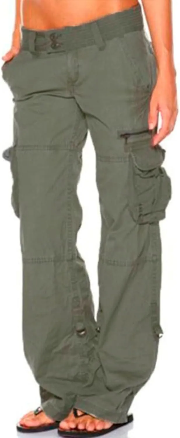 Womens Elastic High Waisted Cargo Pants Casual Relaxed Fit Multi Pockets Work Pants Trendy Y2K Streetwear Trousers