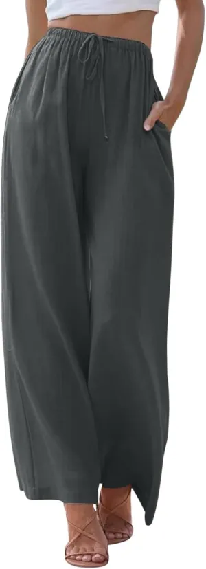 Womens Linen Blend Summer Palazzo Palazzo Lounge Pants Elastic Waisted Baggy Stretchy Loose Fit Trousers Vacation
