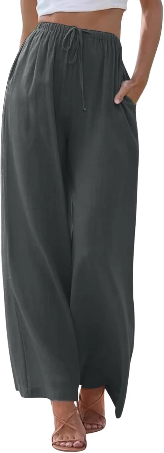 Womens Linen Blend Summer Palazzo Palazzo Lounge Pants Elastic Waisted Baggy Stretchy Loose Fit Trousers Vacation