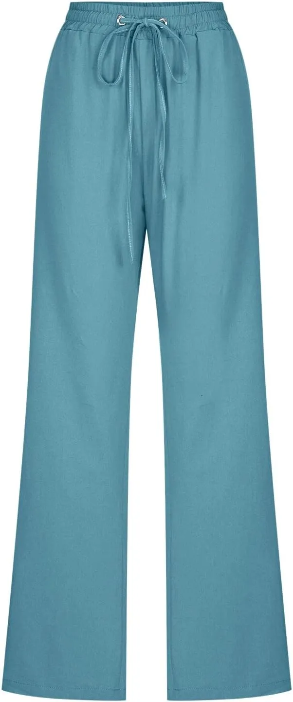 Womens Linen Summer Casual Flowy Palazzo Lounge Pants Elastic Waisted Baggy Stretchy Plus Size Palazzo