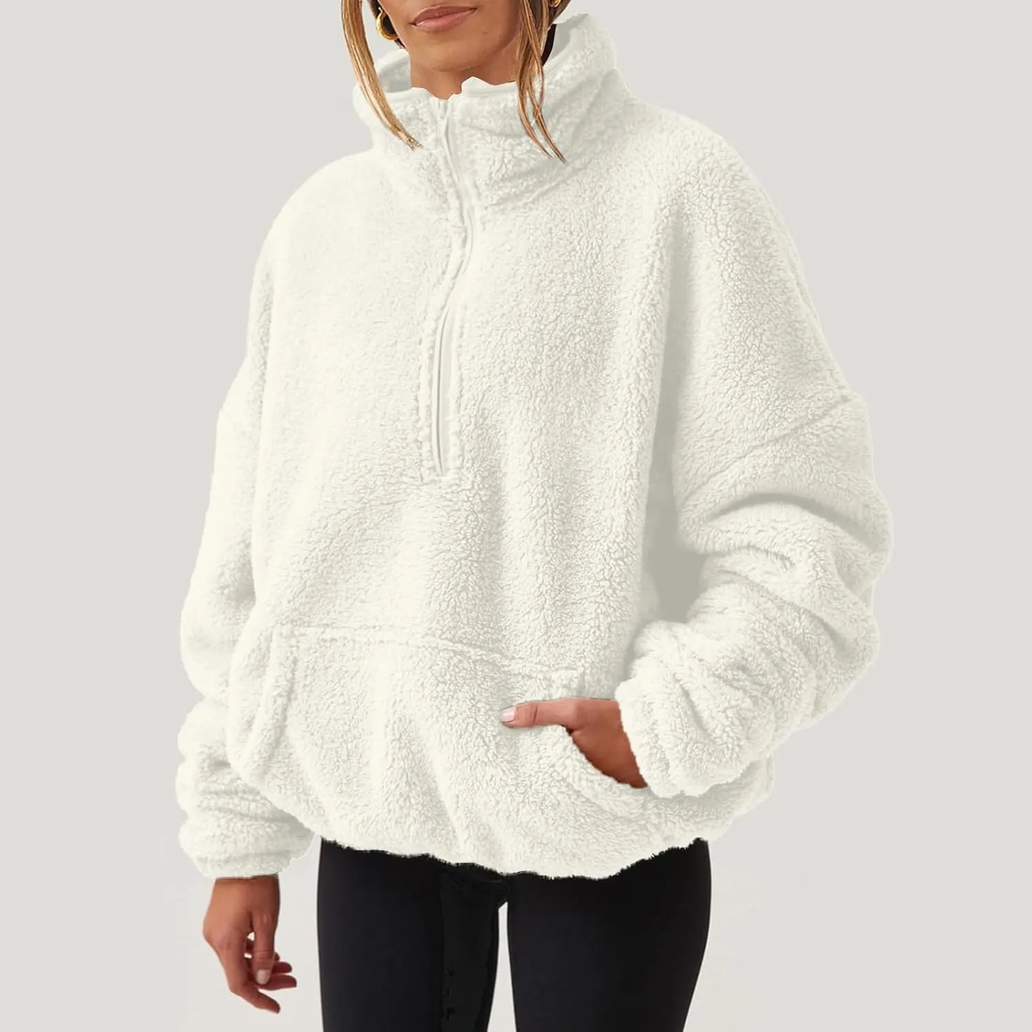 Womens Sherpa Half Zip Sweatshirts Oversized Pullover Long Sleeve Quarter Zip Up Hoodies Fuzzy Fleece Sweaters