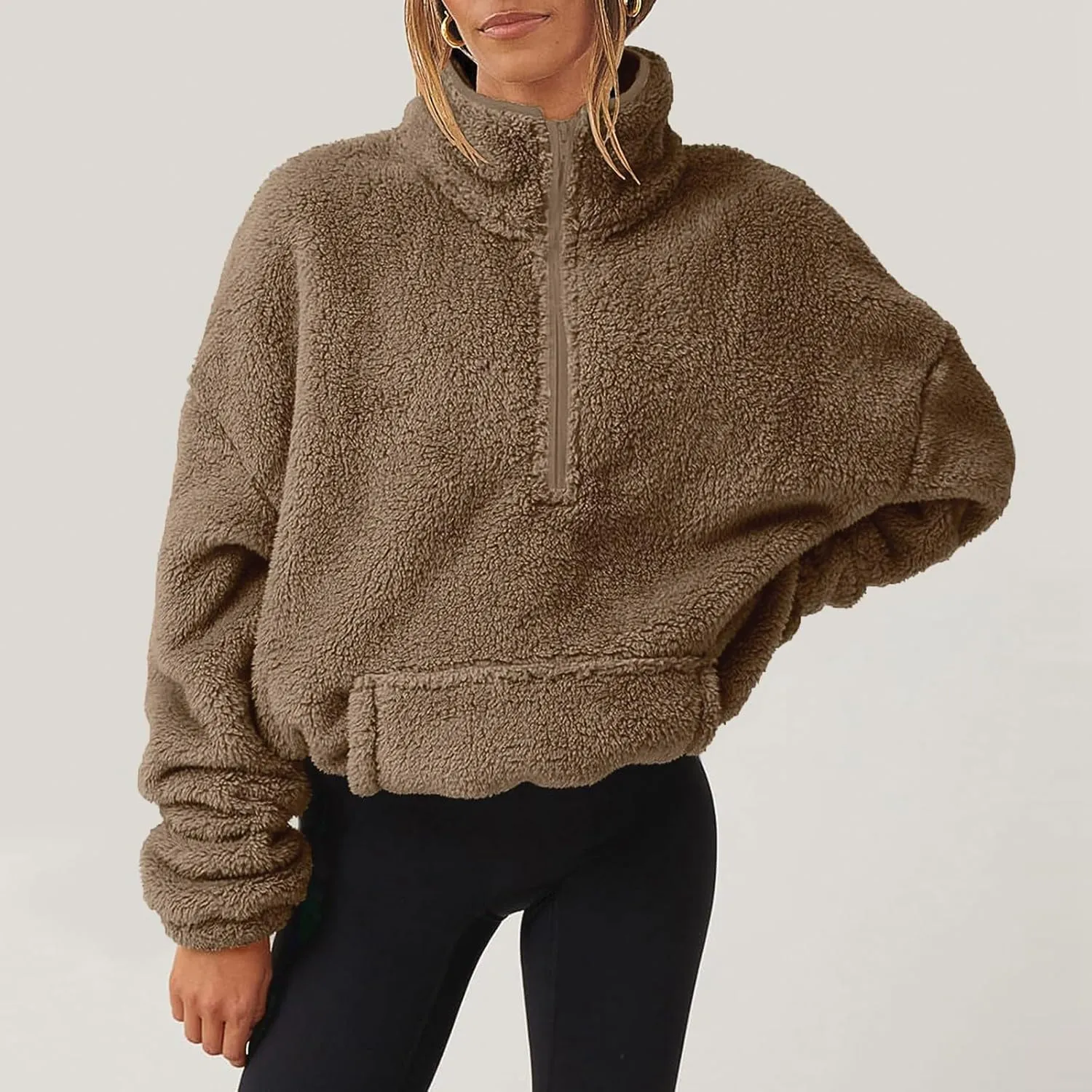 Womens Sherpa Half Zip Sweatshirts Oversized Pullover Long Sleeve Quarter Zip Up Hoodies Fuzzy Fleece Sweaters
