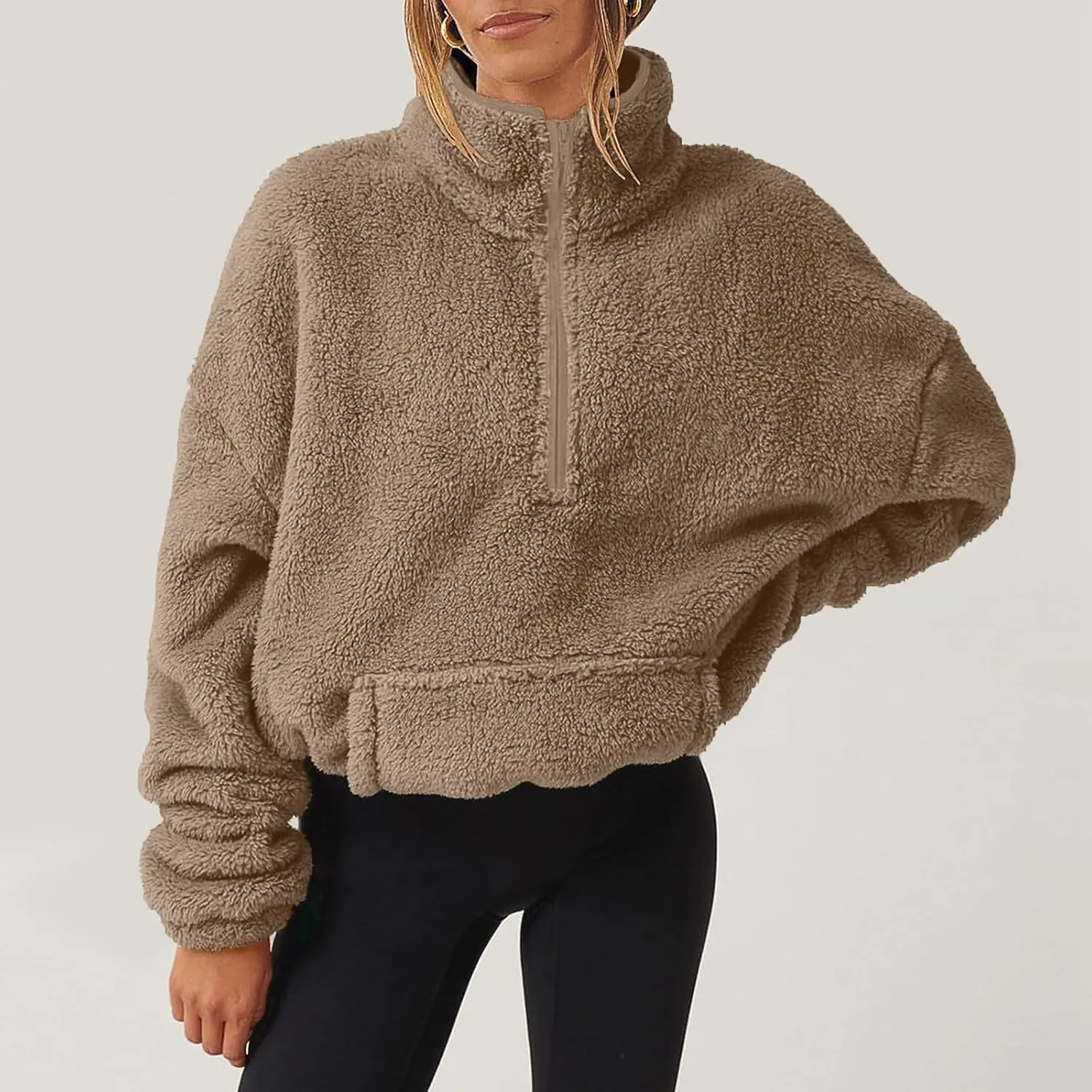 Womens Sherpa Half Zip Sweatshirts Oversized Pullover Long Sleeve Quarter Zip Up Hoodies Fuzzy Fleece Sweaters