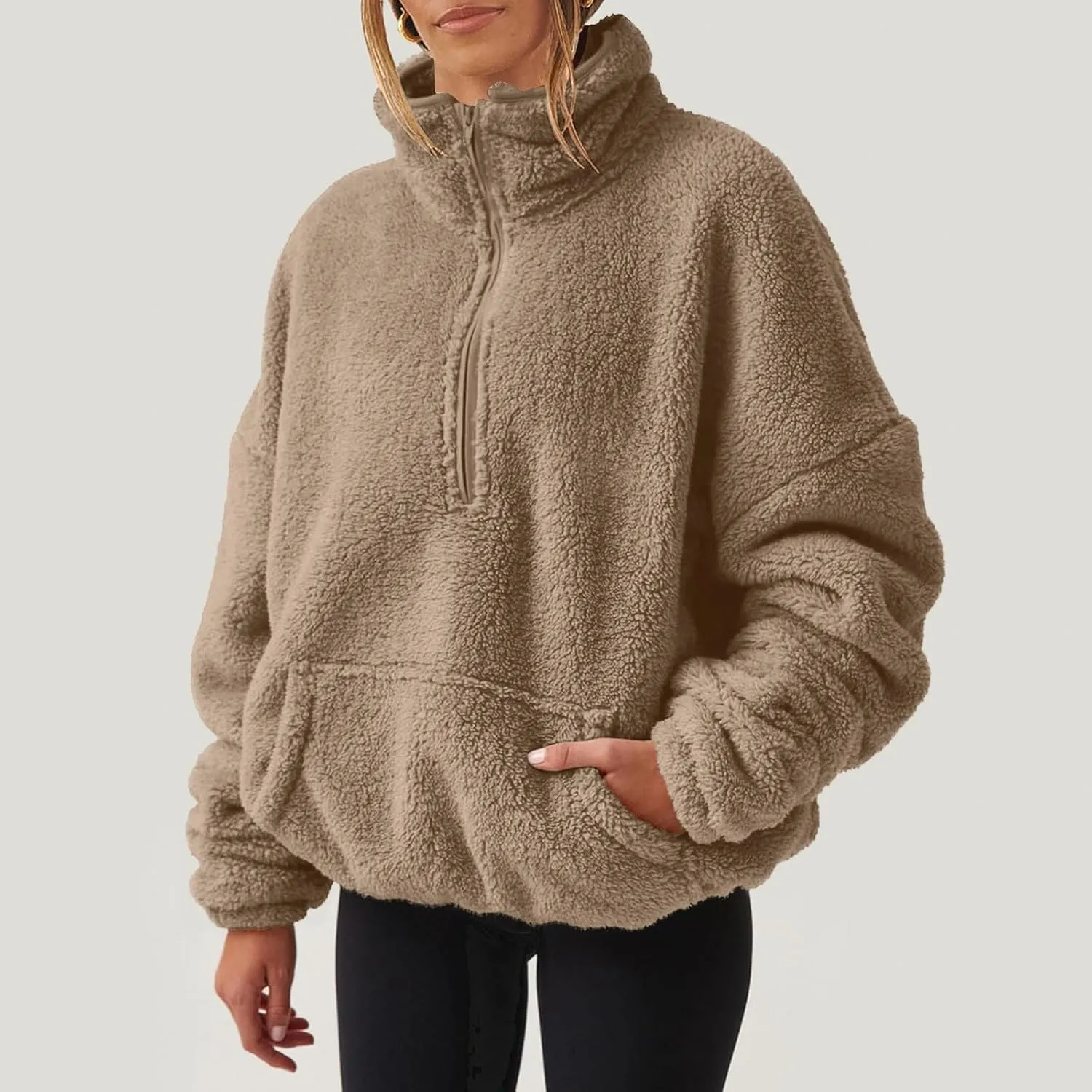 Womens Sherpa Half Zip Sweatshirts Oversized Pullover Long Sleeve Quarter Zip Up Hoodies Fuzzy Fleece Sweaters