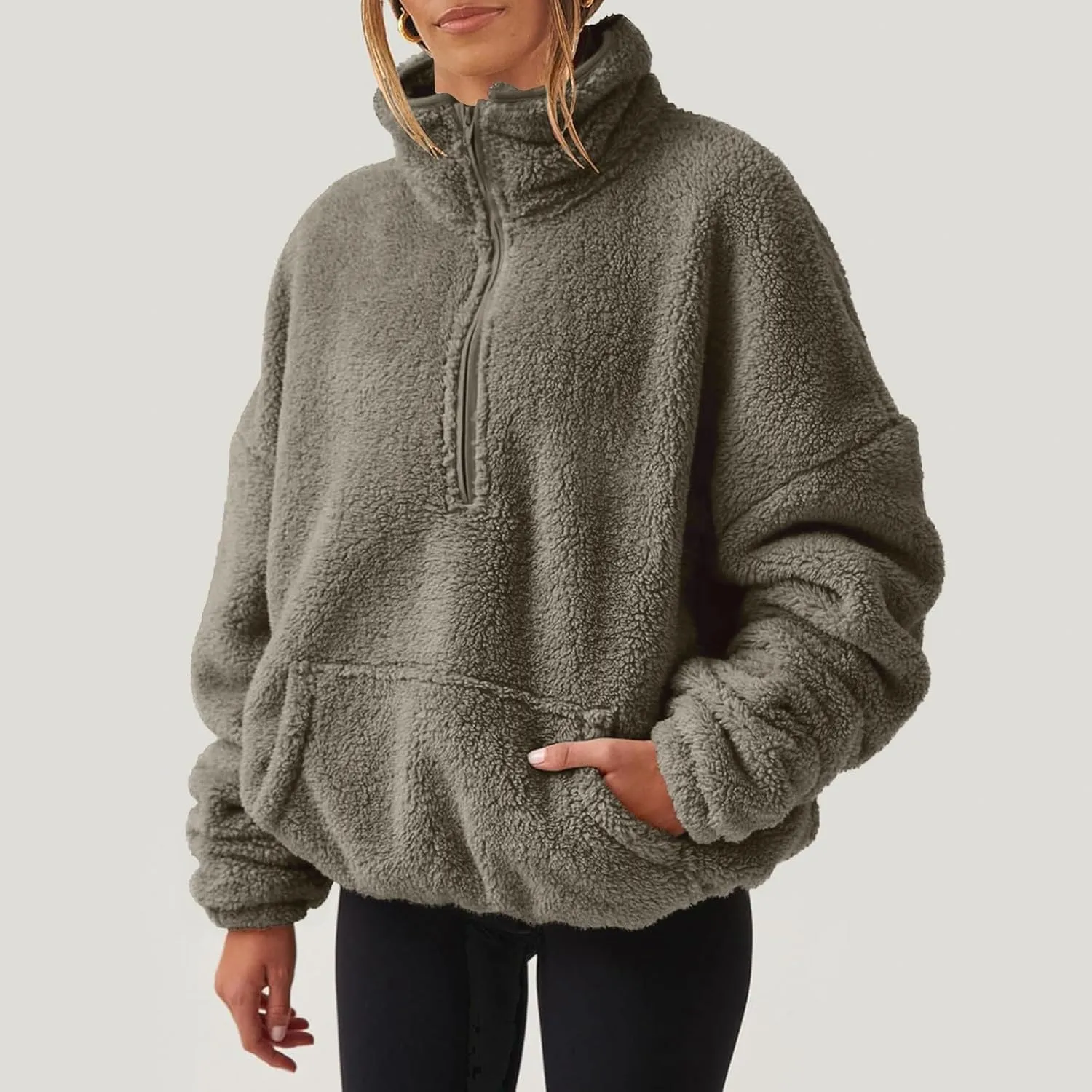 Womens Sherpa Half Zip Sweatshirts Oversized Pullover Long Sleeve Quarter Zip Up Hoodies Fuzzy Fleece Sweaters