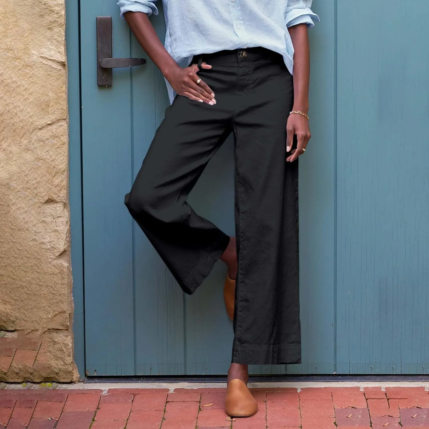 Womens Wide Leg Linen Pants Elastic High Waist Cropped Pants Summer Business Casual Work Pants with Pockets