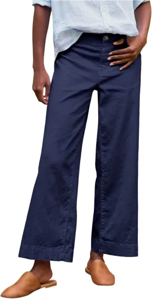 Womens Wide Leg Linen Pants Elastic High Waist Cropped Pants Summer Business Casual Work Pants with Pockets