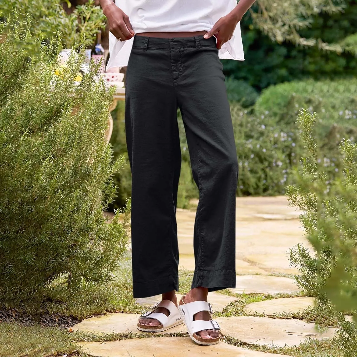 Womens Wide Leg Linen Pants Elastic High Waist Cropped Pants Summer Business Casual Work Pants with Pockets