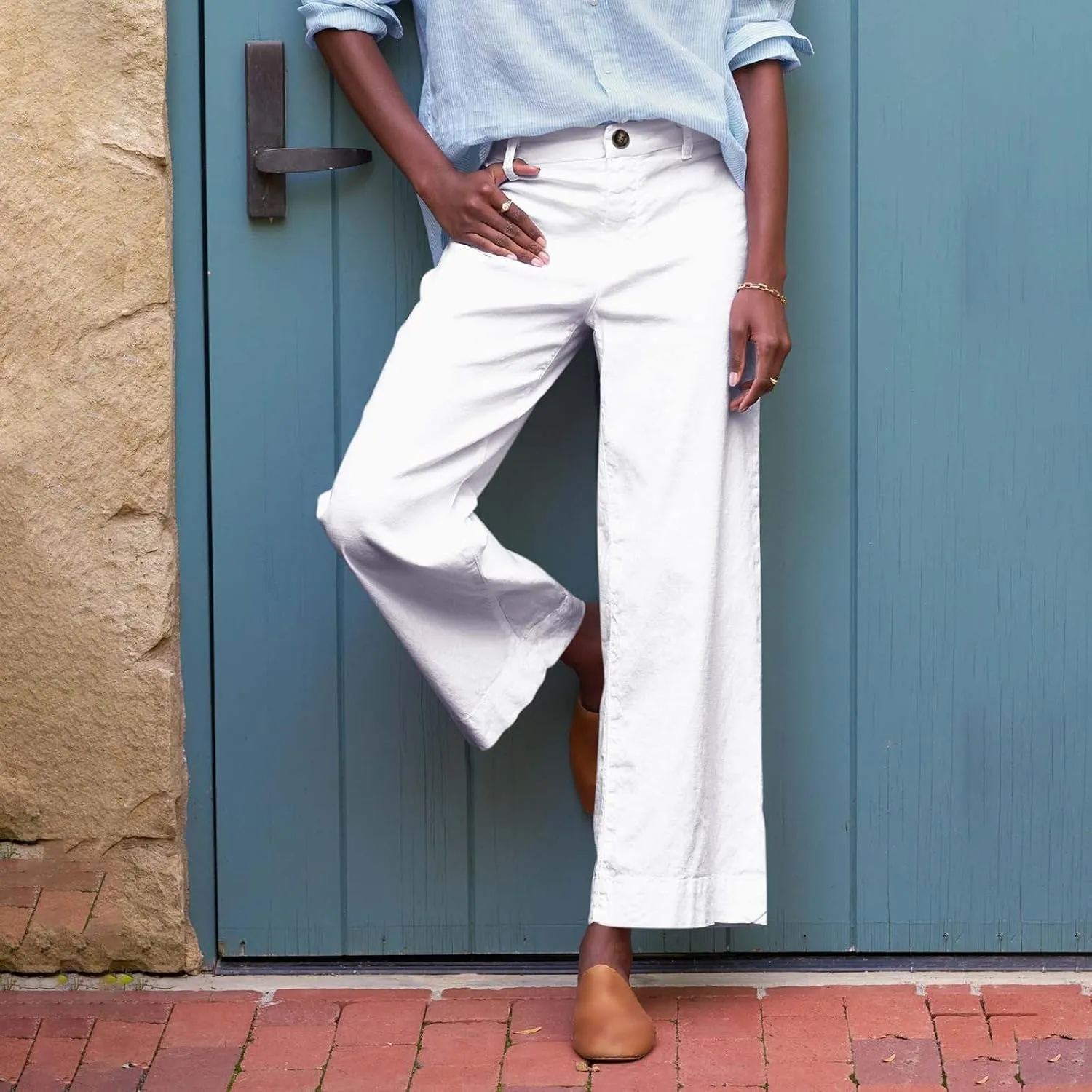 Womens Wide Leg Linen Pants Elastic High Waist Cropped Pants Summer Business Casual Work Pants with Pockets