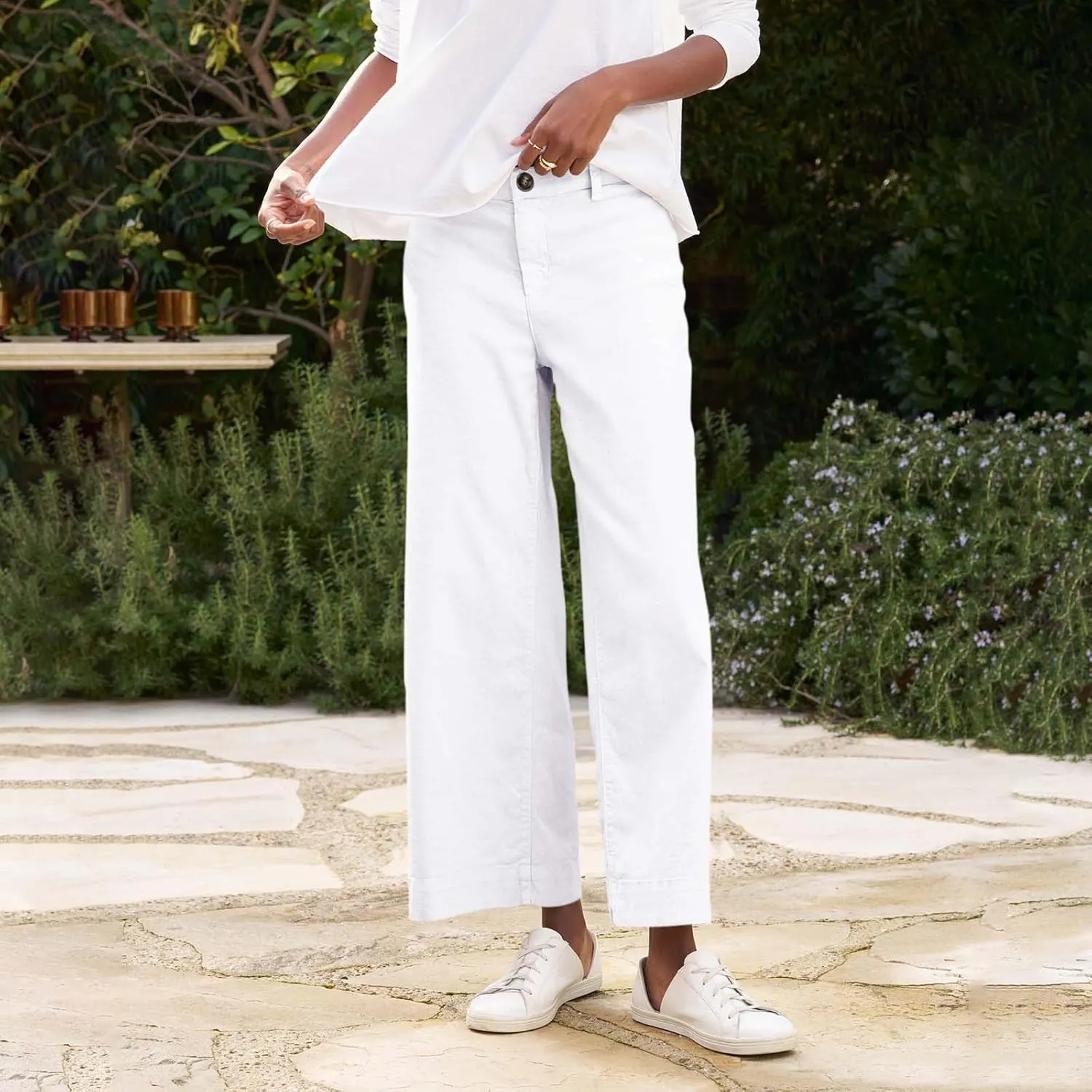 Womens Wide Leg Linen Pants Elastic High Waist Cropped Pants Summer Business Casual Work Pants with Pockets