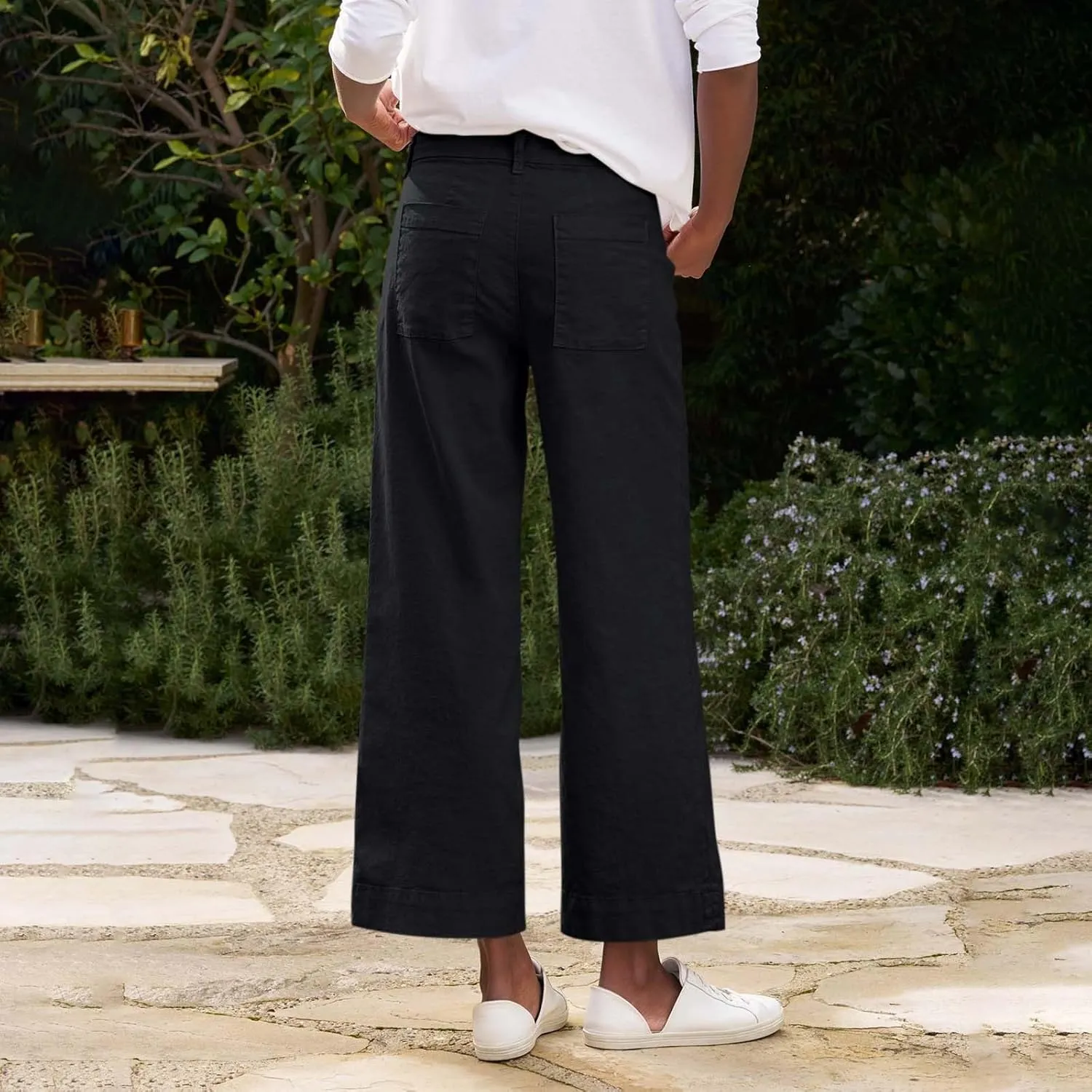 Womens Wide Leg Linen Pants Elastic High Waist Cropped Pants Summer Business Casual Work Pants with Pockets