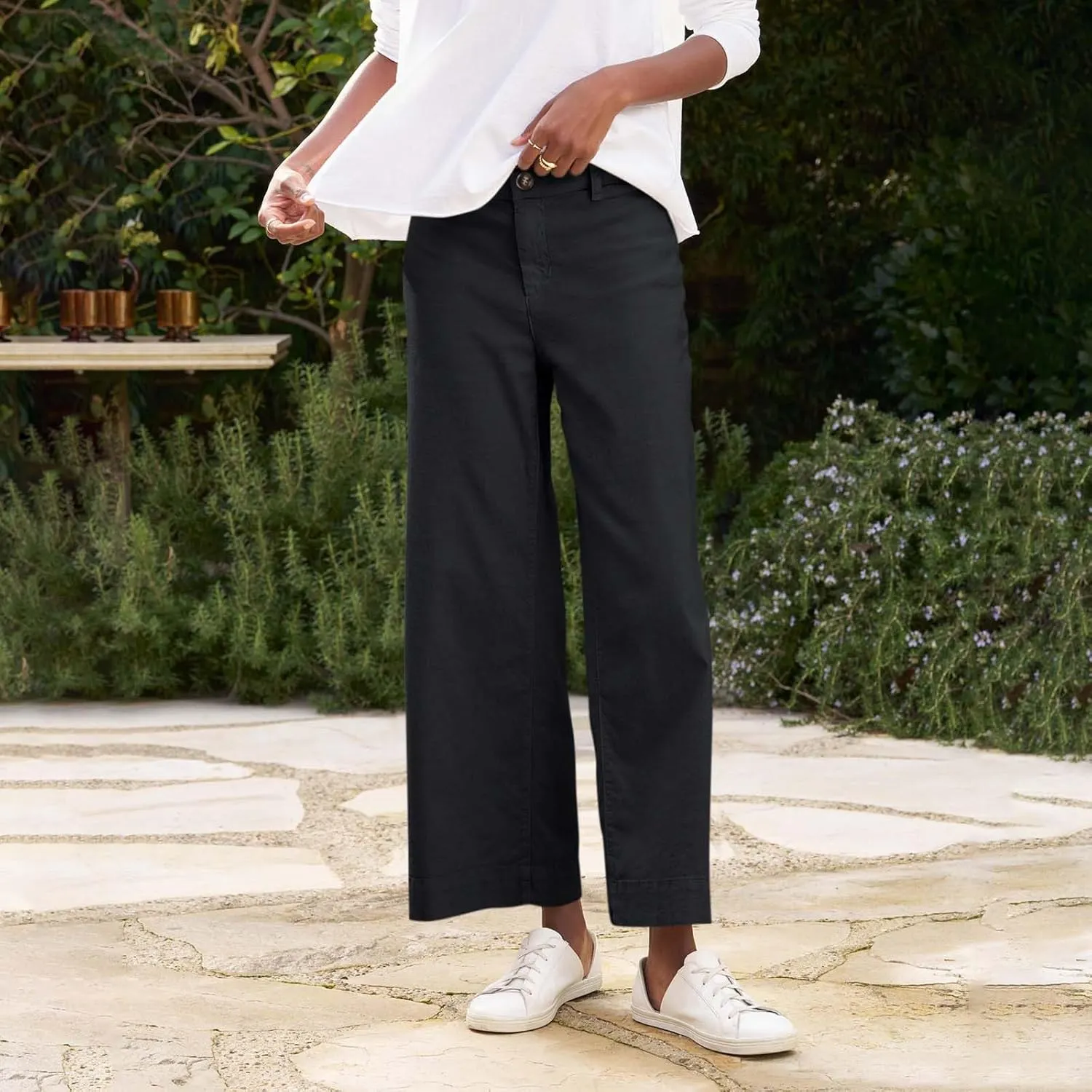 Womens Wide Leg Linen Pants Elastic High Waist Cropped Pants Summer Business Casual Work Pants with Pockets