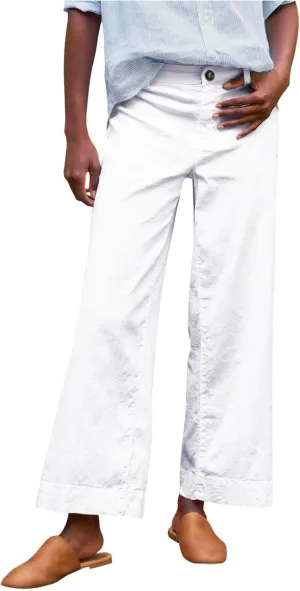 Womens Wide Leg Linen Pants Elastic High Waist Cropped Pants Summer Business Casual Work Pants with Pockets
