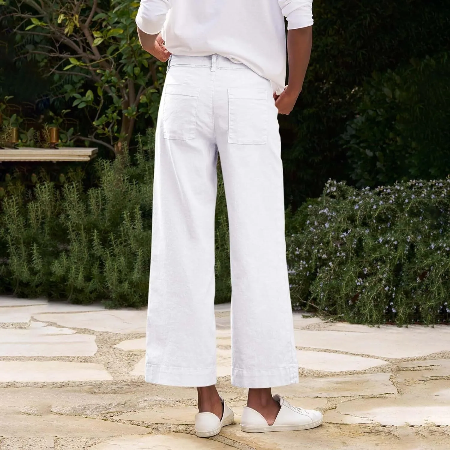 Womens Wide Leg Linen Pants Elastic High Waist Cropped Pants Summer Business Casual Work Pants with Pockets