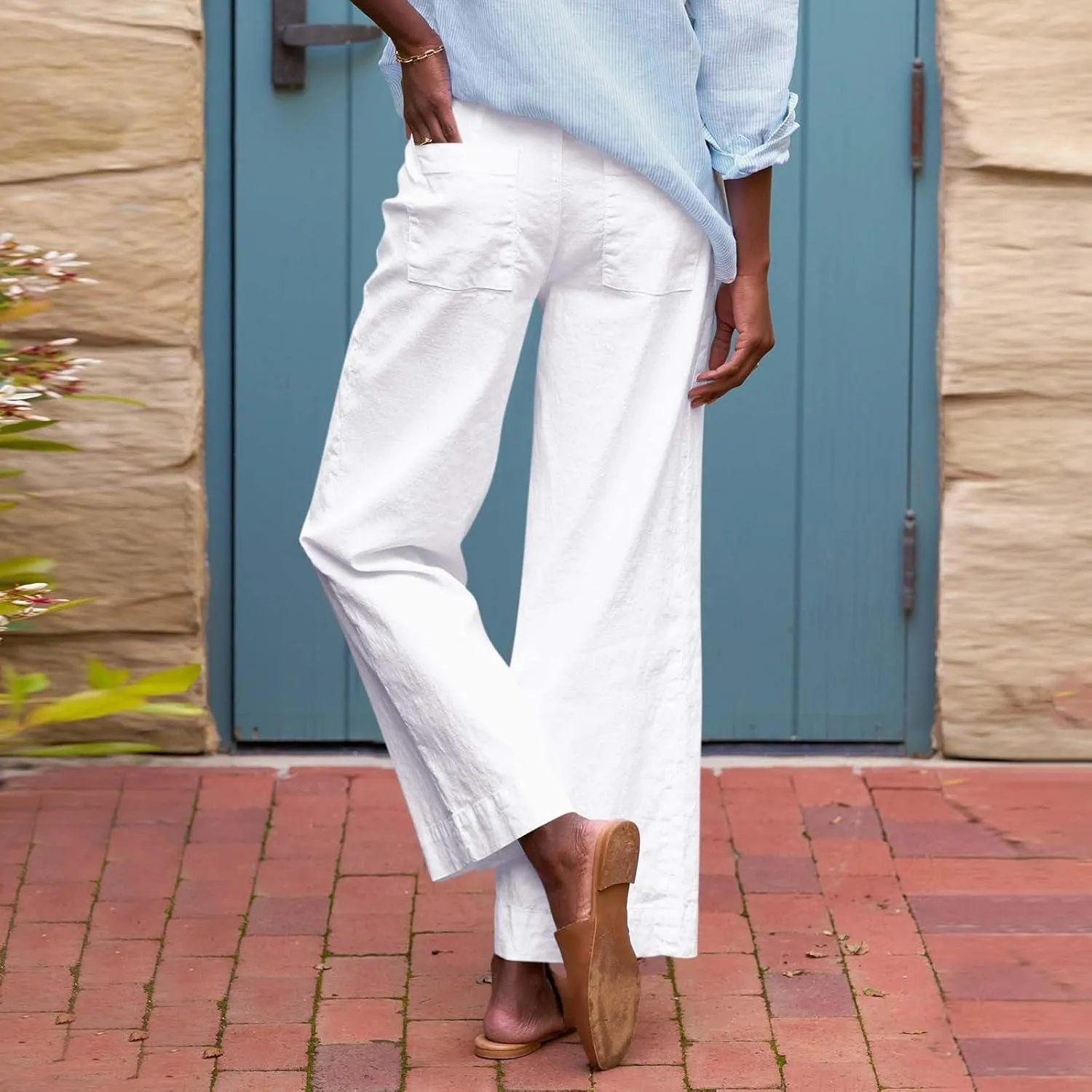 Womens Wide Leg Linen Pants Elastic High Waist Cropped Pants Summer Business Casual Work Pants with Pockets
