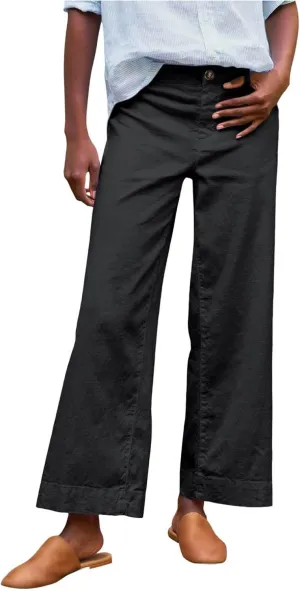 Womens Wide Leg Linen Pants Elastic High Waist Cropped Pants Summer Business Casual Work Pants with Pockets