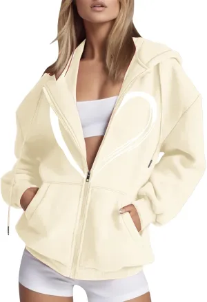 Womens Zip up Graphic Hoodies Heart Print Hooded Sweatshirts Jackets Oversized Sweaters Fall Plus Size Outfits