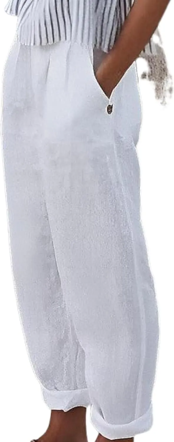 woxaumqyWomen's Simple White Loose Wide Leg Pants Solid Color Pocket Lightweight Casual Fashion Travel Harem Pants