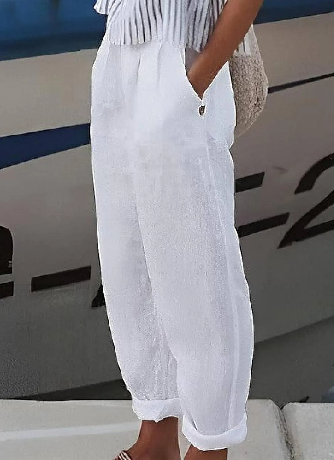 woxaumqyWomen's Simple White Loose Wide Leg Pants Solid Color Pocket Lightweight Casual Fashion Travel Harem Pants