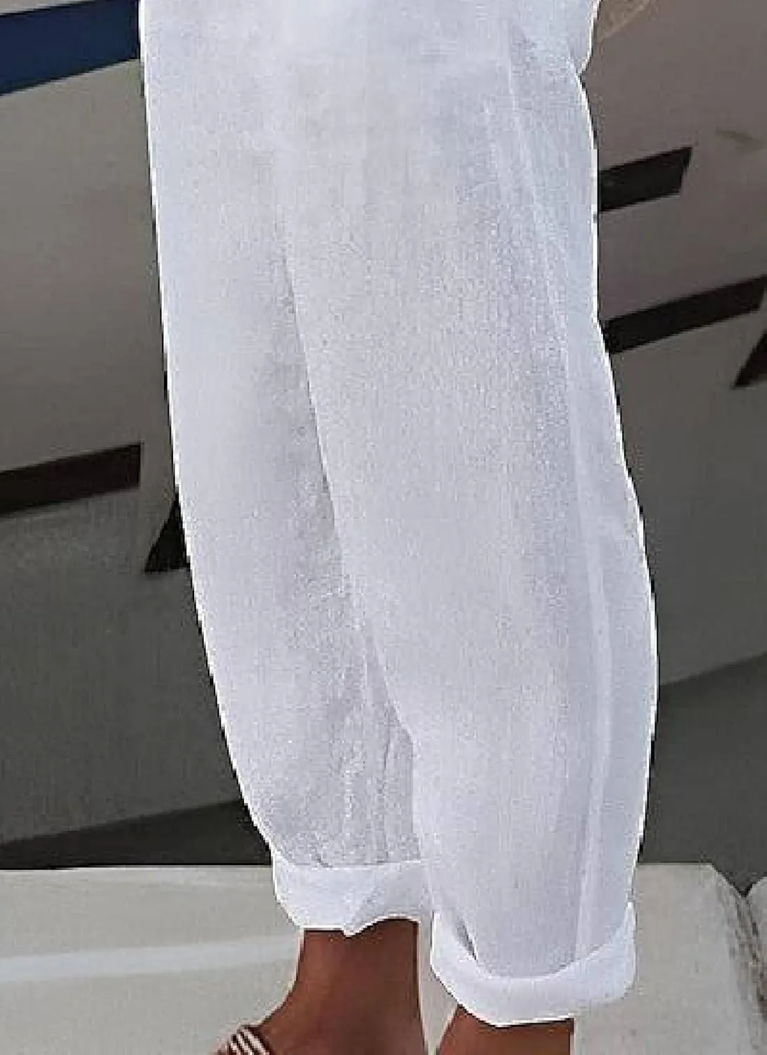 woxaumqyWomen's Simple White Loose Wide Leg Pants Solid Color Pocket Lightweight Casual Fashion Travel Harem Pants