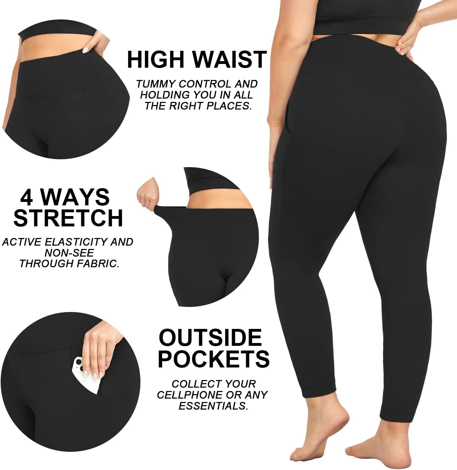 yeuG Plus Size Leggings for Women-Stretchy X-Large-4X Tummy Control High Waist Spandex Workout Black Yoga Pants