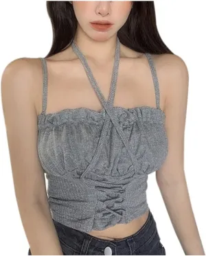 Zip up Jackets for Women Summer Solid Color Halter Slim Vest Women Exposed Navel Knitted Camisole Crop Top