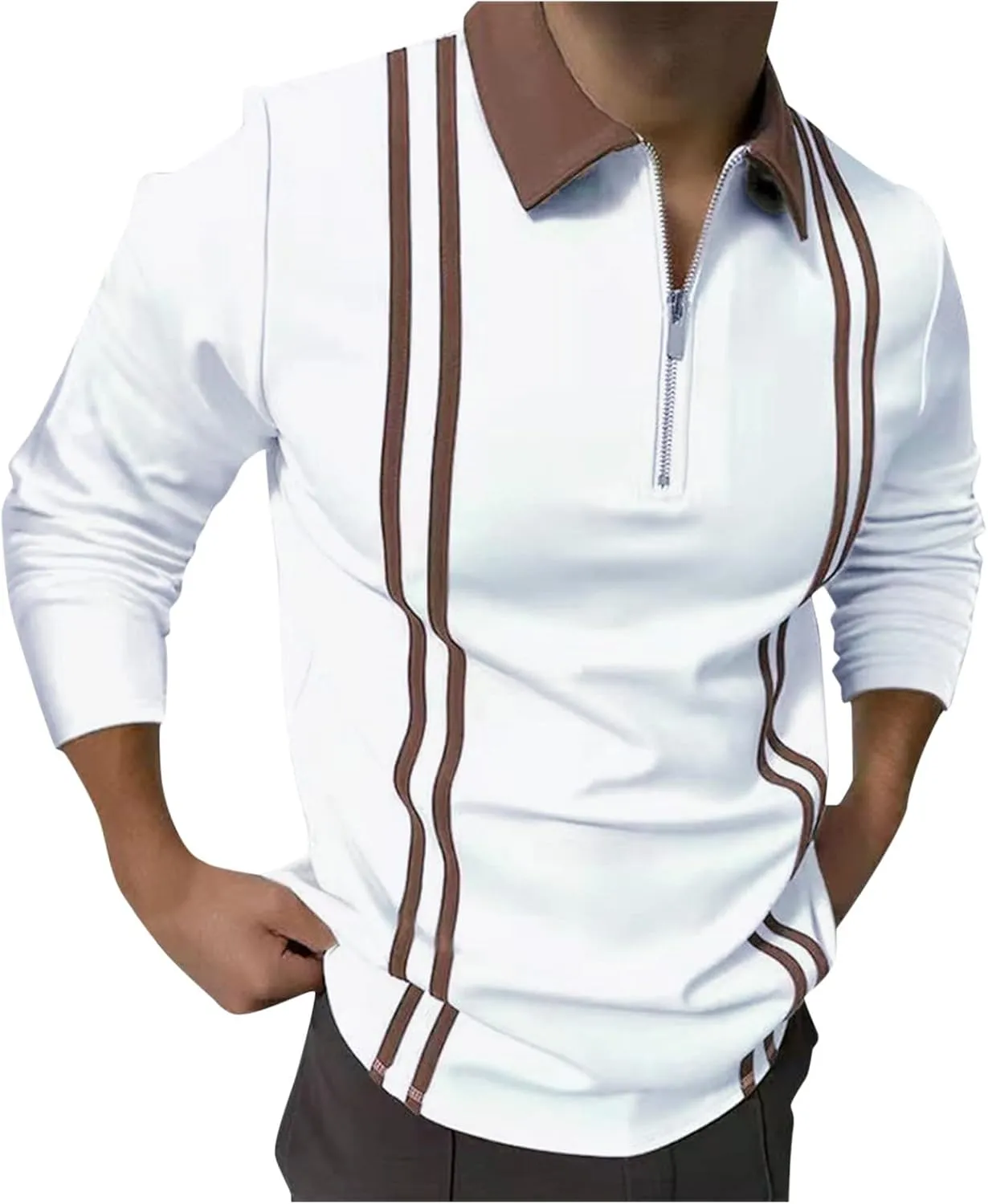 ZYXTIM Men's Long Sleeve Polo Shirts with Collar Casual Waffle Knit Zipper Up Colorblock/Stripe Lapel Sports Golf Work Tops