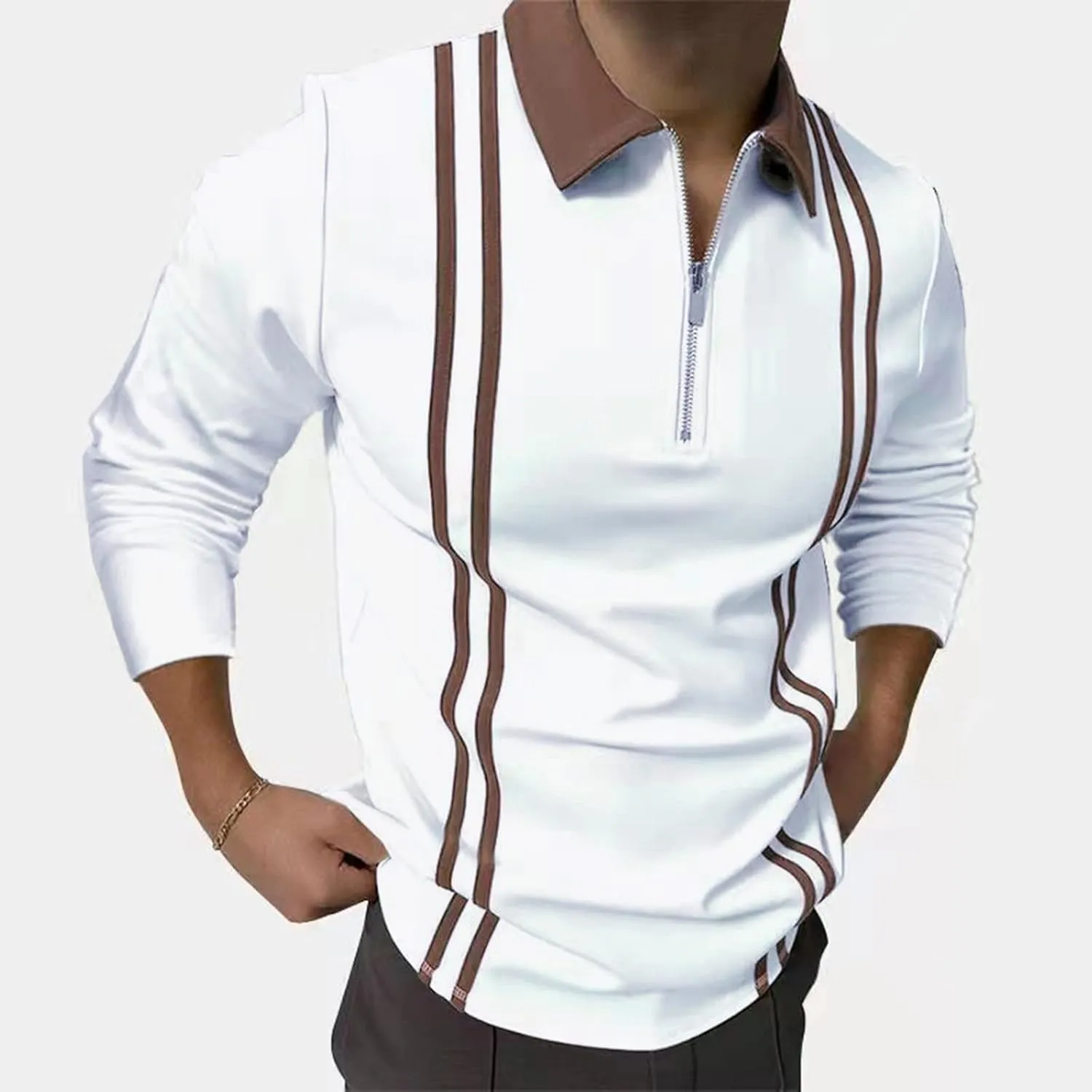 ZYXTIM Men's Long Sleeve Polo Shirts with Collar Casual Waffle Knit Zipper Up Colorblock/Stripe Lapel Sports Golf Work Tops