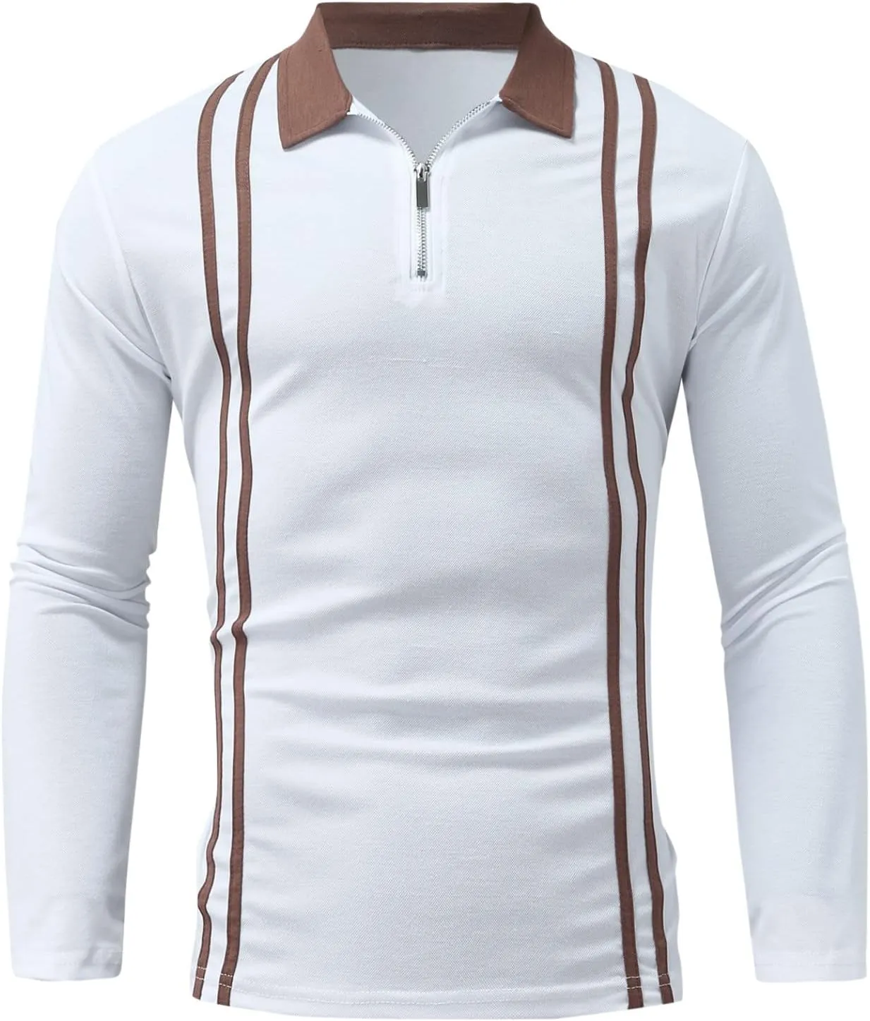 ZYXTIM Men's Long Sleeve Polo Shirts with Collar Casual Waffle Knit Zipper Up Colorblock/Stripe Lapel Sports Golf Work Tops